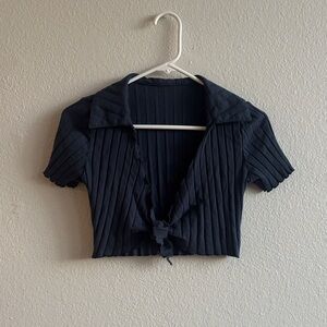 Amazon Navy Blue Ribbed Tie-Front Top